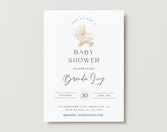 Minimalistic Gender Neutral Baby Shower, Simple Baby Shower Invitation, Gender Neutral Baby Shower Theme, Beige Stroller Invitation