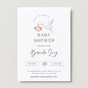 Baby-Mädchen-Storch-minimalistische Babypartyeinladung, Baby-Einladung, minimale Thema Einladung, Storch-Mädchen-Babypartyentwurf