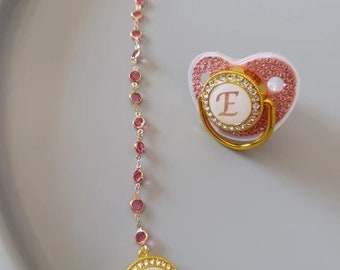 Full Diamond Pink Letter Pacifier Baby Pacifier with Jeweled Chain Clip