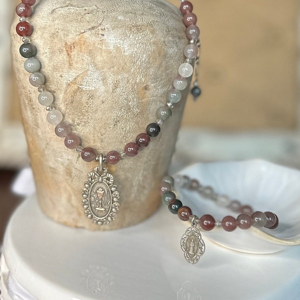 Rare Natural Yanyuan Agate Smooth Round Bead Necklace and Bracelet Set • Antique Dainty Eucharist • Vintage Mary Our Lady of Pontmain • OOAK