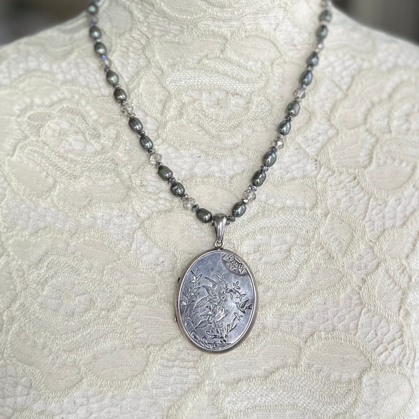 Vintage Silver Photo Locket Pendant on Handmade Pearl Necklace • Double Sided Etched LocketNecklace • Bird Locket • Romantic Gift Idea