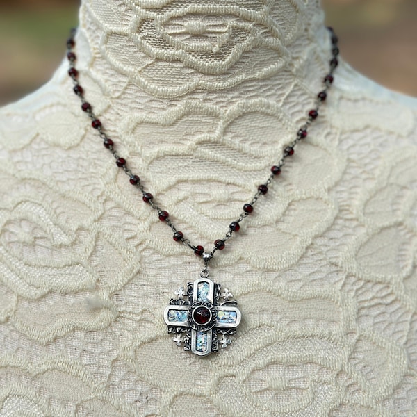 Sterling Silver Jerusalem Cross Necklace, With Ancient Roman Glass & Garnet, on handmade Dark Cherry Red Czech Tri cut Picasso Seed Beads