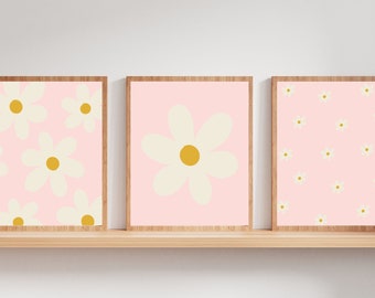 Conjunto de estampado de flores de margarita rosa de 3, estampados de flores abstractas, conjunto de estampado de vivero rosa, estampados de dormitorio para niñas, conjunto de arte de flores rosas, arte de guardería
