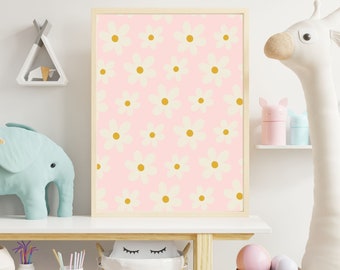 Pink Abstract Daisy Print, Nursery Flower Art, Daisy Art Set for Nursery, Babygirl Decor, Daisy Art Print, Big Daisy on Pink Background