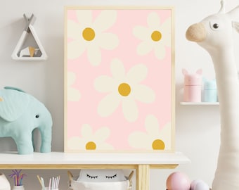 Arte imprimible abstracto de la margarita rosa, arte de la guardería rosa, decoración del arte del dormitorio de las niñas, conjunto imprimible de la margarita, estampados de flores rosas, arte de la margarita rosa