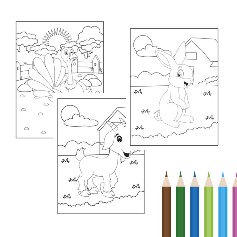 Farm coloring pages printable bundle for kids. Includes 50+ fun pages with tractors, cows, pigs, and chickens — perfect for preschool, kindergarten, and birthday party activities.