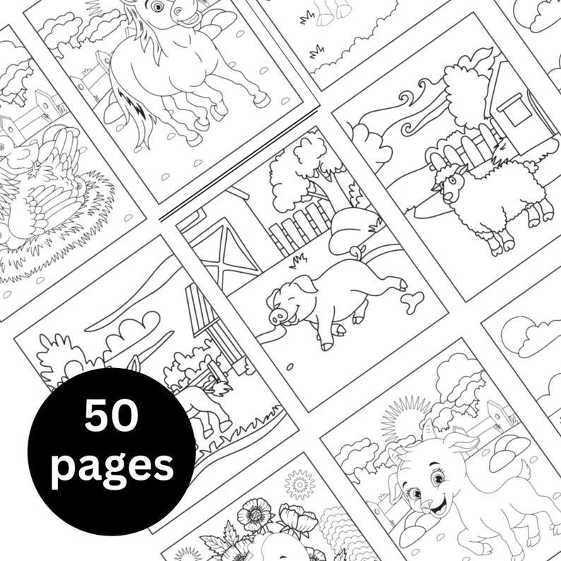 Farm coloring pages printable bundle for kids. Includes 50+ fun pages with tractors, cows, pigs, and chickens — perfect for preschool, kindergarten, and birthday party activities.