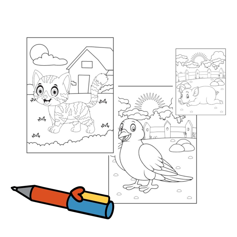 Farm coloring pages printable bundle for kids. Includes 50+ fun pages with tractors, cows, pigs, and chickens — perfect for preschool, kindergarten, and birthday party activities.