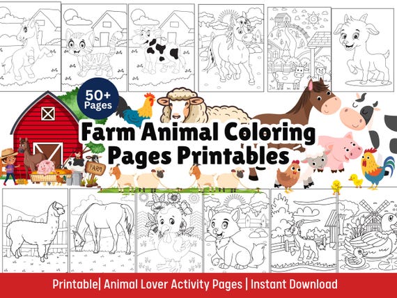 Farm Coloring Pages Printable 50+ For Preschool & Kindergarten Kids Tractor, Cow, Pig, Chicken Farm Activity Book Birthday Party Favor