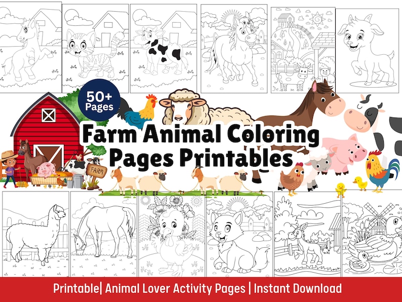 Farm Coloring Pages Printable 50+ For Preschool & Kindergarten Kids Tractor, Cow, Pig, Chicken Farm Activity Book Birthday Party Favor image 1