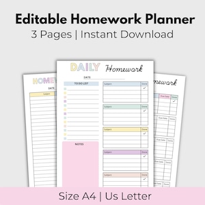 May include: Three-page editable homework planner with a pastel color scheme. The planner includes sections for daily homework, to-do lists, and notes. The text "Editable Homework Planner" and "Instant Download" are displayed at the top. The planner is available in A4 and US Letter sizes.