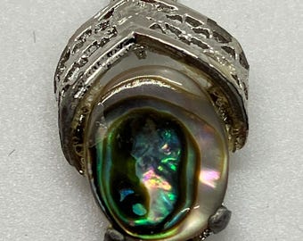 Pode incluir: Colar com pingente prateado com uma concha de abalone iridescente. A concha ovalada é colocada em uma moldura decorativa de metal prateado. A corrente é um estilo de elos delicados, adequado para o uso diário.
