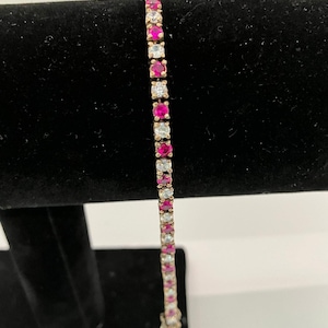 Vintage Sterling Silver Ruby Red & Clear Stone Tennis Bracelet - Gold Wash Vermeil