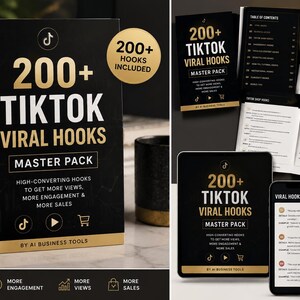 May include: A black and gold book titled "200+ TikTok Viral Hooks Master Pack" with the text "200+ Hooks Included." The book promises high-converting hooks to get more views, engagement, and sales. Also shown are digital guides and a smartphone.