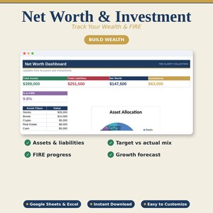 May include: A digital Net Worth & Investment dashboard template featuring a Net Worth Dashboard table with columns for Total Assets, Total Liabilities, Net Worth, and Investments, plus an Asset Allocation pie chart and FIRE progress tracker.