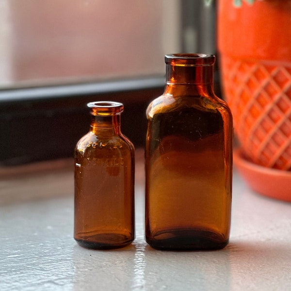 Amber Glass Cork Top Vintage Apothecary Bottles - Set of 2