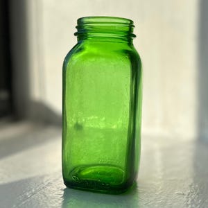 Green Glass Vintage Rectangular Bottle Boho Vase Farmhouse Decor