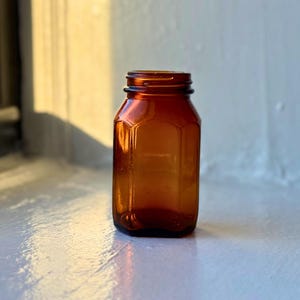 Vintage Amber Glass Bottle Hexagonal Design | Eco-Friendly Apothecary Jar | Unique Rustic Gift for MCM Decor