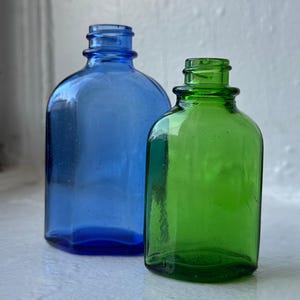 Vintage Medicine Bottle Set – Cobalt Blue & Green – Apothecary Decor, Dug Glass NYC