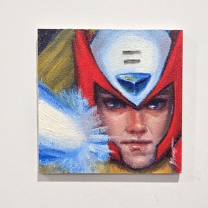 Puede incluir: Pintura al óleo cuadrada de un personaje con casco rojo y blanco, ojos azules y una explosión de energía azul. La obra presenta un retrato detallado con un enfoque en el rostro del personaje y el efecto de energía dinámica.