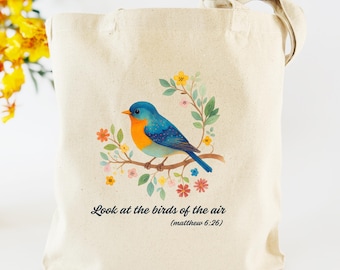 Inspirational Bird Bible Verse Canvas Tote Bag – Matthew 6:26