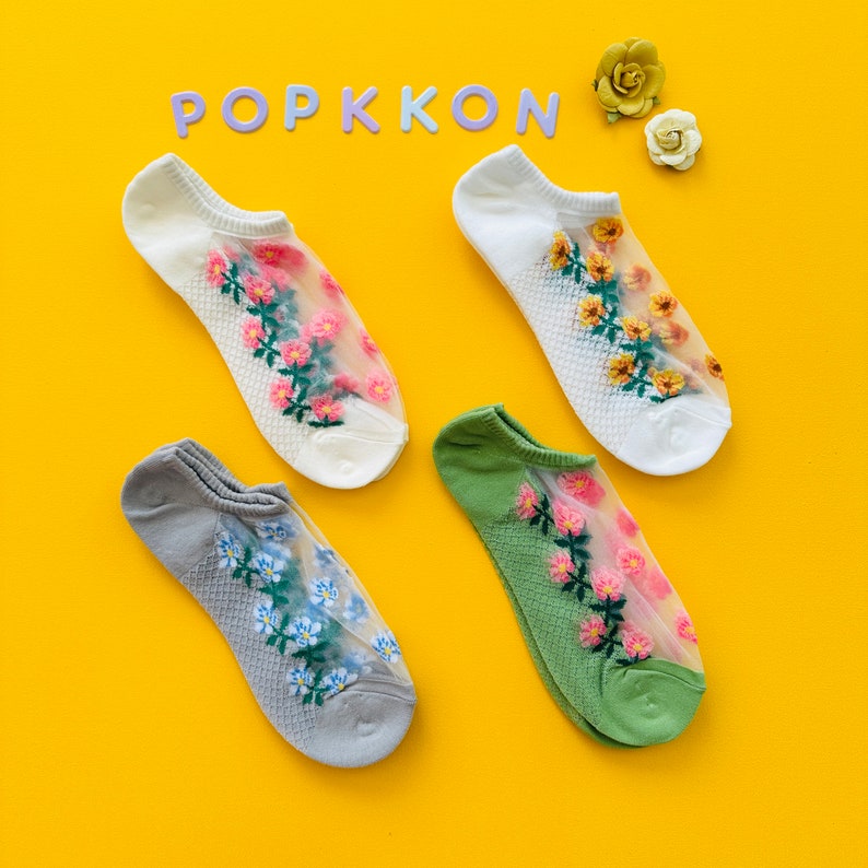 Floral Pattern Women Socks/ See Through Socks/ Lovely Socks/ Daily Socks/ Gift for Her/ Gift for Teen image 2