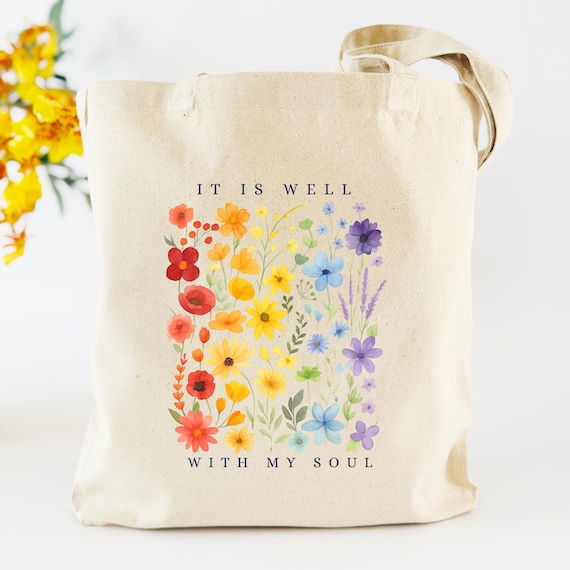 Watercolor Floral Tote Bag: "It Is Well With My Soul" Christian Canvas Book Bag