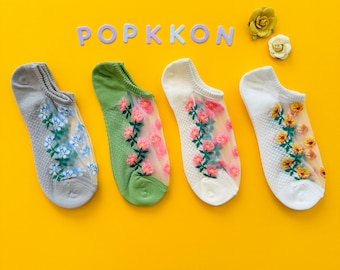 Floral Pattern Women Socks/ See Through Socks/ Lovely Socks/ Daily Socks/ Gift for Her/ Gift for Teen