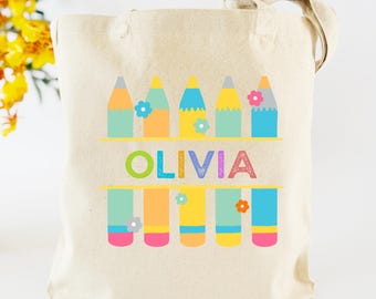 Personalized Crayon Tote Bag: Custom Name Canvas School Bag