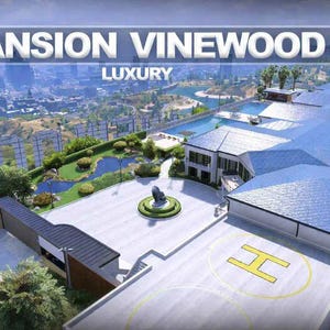 Puede incluir: Vista aérea de una mansión de lujo con techo azul y helipuerto marcado con una "H" amarilla. La imagen incluye el texto "MANSION VINEWOOD V2 LUXURY". La propiedad cuenta con piscina, jardinería y vistas a la ciudad.