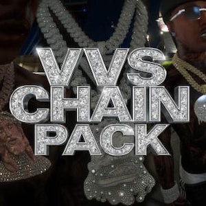 Puede incluir: Imagen que presenta a varias personas adornadas con elaborados collares y colgantes con diamantes. El texto "VVS CHAIN PACK" es visible. La joyería incluye cruces, figuras religiosas y otros diseños ornamentados, mostrando una estética lujosa.