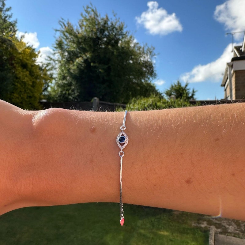 Sterling Silver Evil Eye Charm Bracelet with CZ – Snake Chain