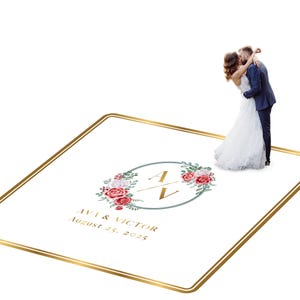 Customizable vinyl Dance floor Wrap for wedding receptions. Includes monogram and wedding logo. Removable. No Residue or Damage. Ships Free.