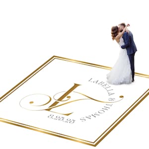 Customizable vinyl Dance floor Wrap for wedding receptions. Includes monogram and wedding logo. Removable. No Residue or Damage. Ships Free.