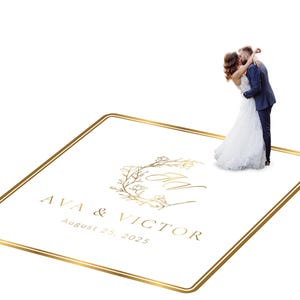 Customizable vinyl wrap for wedding reception dance floors. Includes monogram and wedding logo. Removable. No Residue or Damage. Ships Free.
