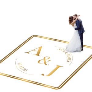 Customizable vinyl Dance floor Wrap for wedding receptions. Includes monogram and wedding logo. Removable. No Residue or Damage. Ships Free.