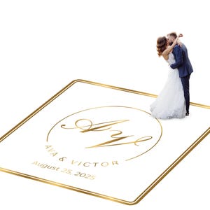 Customizable vinyl Dance floor Wrap for wedding receptions. Includes monogram and wedding logo. Removable. No Residue or Damage. Ships Free.