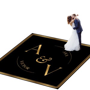 Customizable vinyl Dance floor Wrap for wedding receptions. Includes monogram and wedding logo. Removable. No Residue or Damage. Ships Free.
