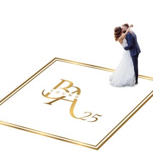 Customizable vinyl Dance floor Wrap for wedding receptions. Includes monogram and wedding logo. Removable. No Residue or Damage. Ships Free.
