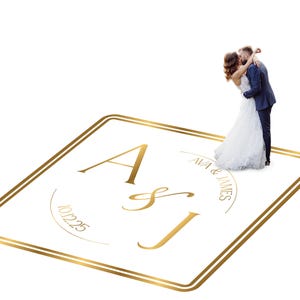 Customizable vinyl Dance floor Wrap for wedding receptions. Includes monogram and wedding logo. Removable. No Residue or Damage. Ships Free.