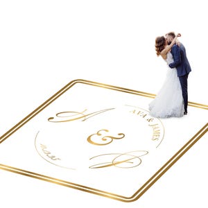 Customizable vinyl Dance floor Wrap for wedding receptions. Includes monogram and wedding logo. Removable. No Residue or Damage. Ships Free.