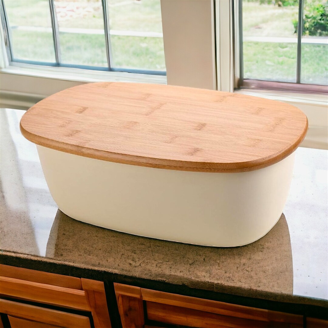 Bamboo Lid White Bread Box, Cutting Board Lid, Bread Storage, Kitchen Container, Bread Bin