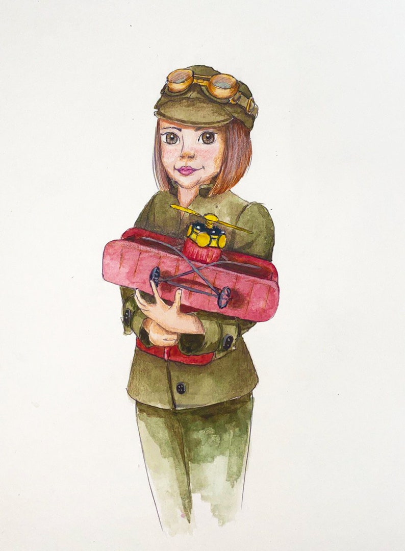 Little Pilot Watercolor Drawing on Watercolor Paper in a Single Copy