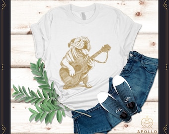 English Bulldog Playing Guitar, Rock and Roll Shirt, Dog Lovers, Funny Guitar Shirt for Women Men Kids, Vintage Style, Music lover Tee,