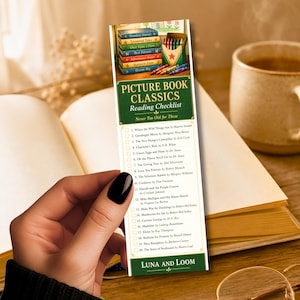 May include: A bookmark with a green border and the text "Picture Book Classics Reading Checklist." It features illustrations of books and crayons. The checklist includes titles like "Where the Wild Things Are" and "Goodnight Moon."