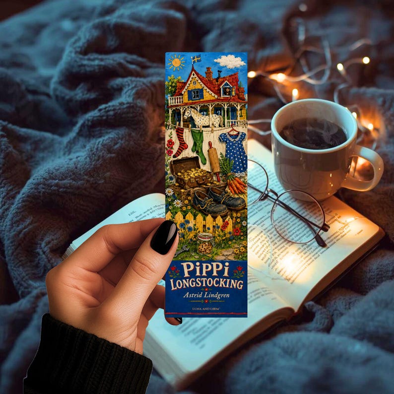 Pode incluir: Um marcador colorido com uma ilustra&ccedil;&atilde;o detalhada de uma casa com uma bandeira sueca, roupa estendida e um ba&uacute; de tesouro. O marcador diz "Pippi Longstocking" de Astrid Lindgren. Uma ch&aacute;vena de caf&eacute;, &oacute;culos e um livro aberto tamb&eacute;m est&atilde;o na imagem.