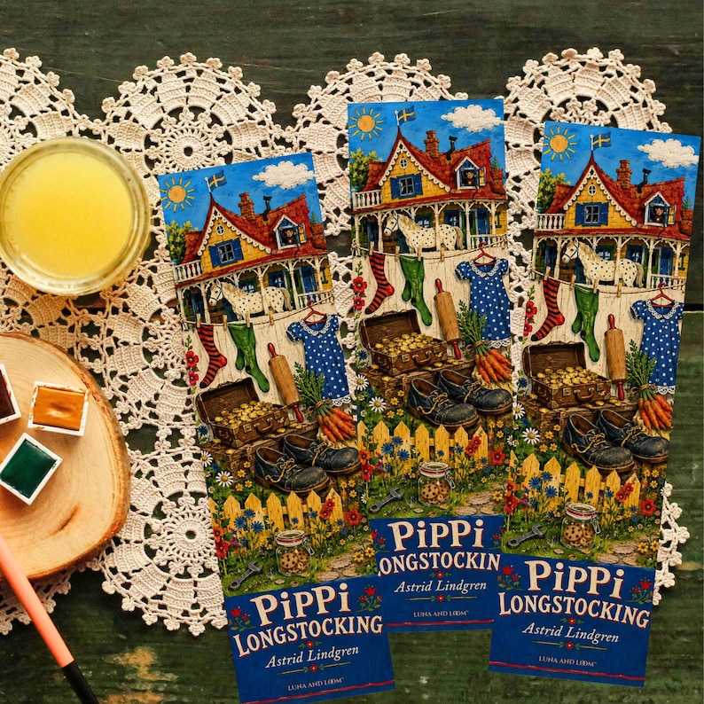 Op de afbeelding: Drie boekenleggers met illustraties uit de Pippi Langkous-boekenserie. Elke boekenlegger toont een kleurrijke sc&egrave;ne met een huis, paarden en diverse objecten. De tekst "Pippi Langkous" en de naam van de auteur zijn zichtbaar.