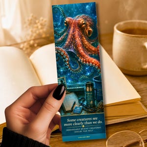 May include: A bookmark featuring a detailed illustration of a vibrant red and blue octopus in a deep sea setting. The bookmark includes text that reads "Some creatures see more clearly than we do."