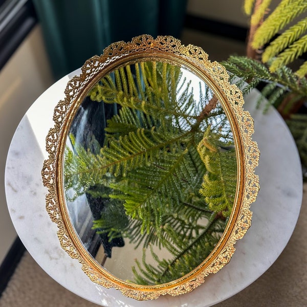 Vintage Vanity Mirror Tray or Wall Hanging, Gold Brass Filigree - Large