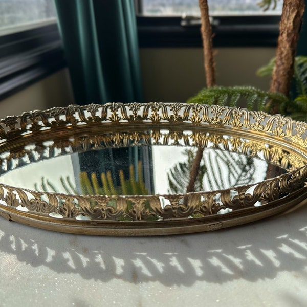 Vintage Vanity Mirror Tray or Wall Hanging, Gold Brass Filigree - Medium